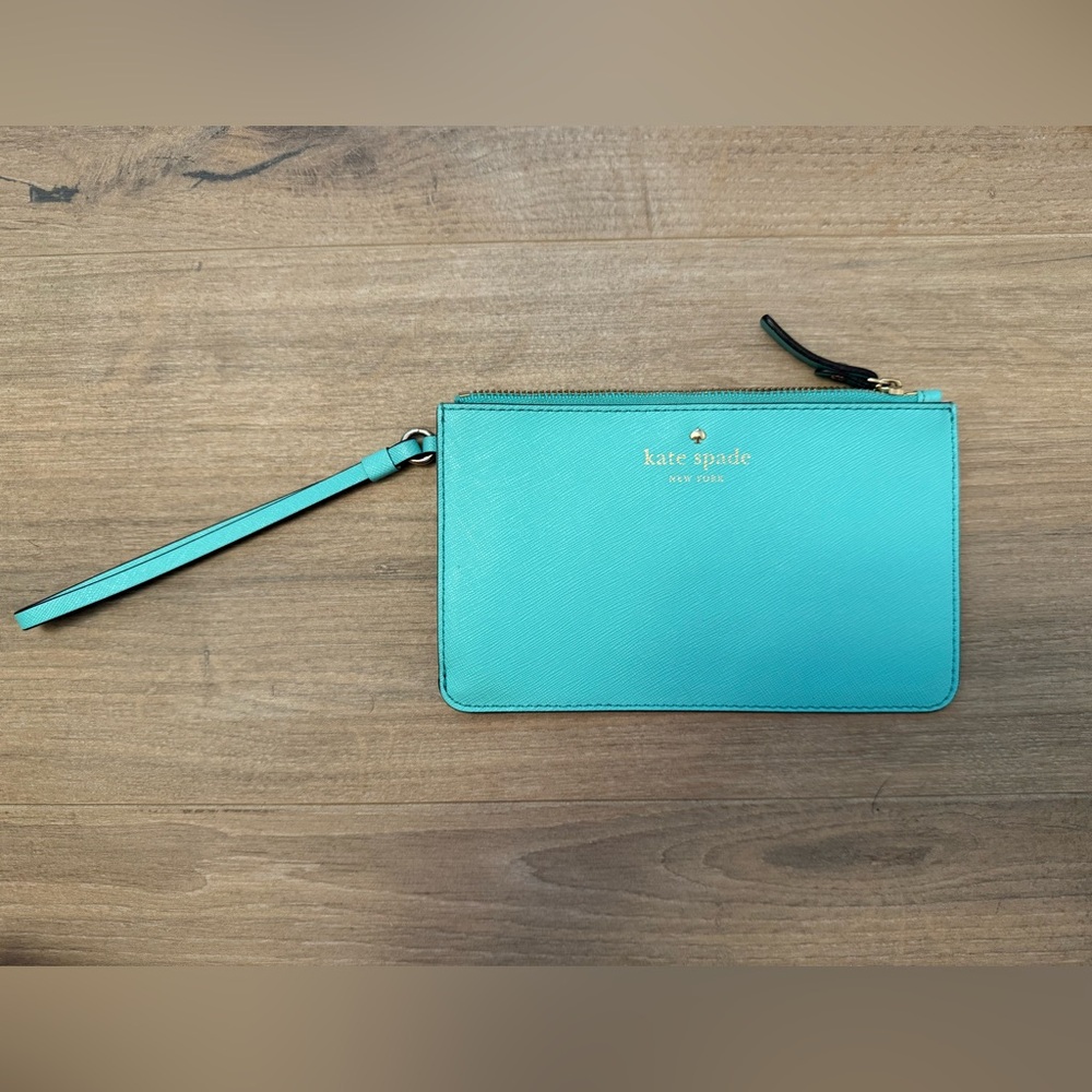 Kate Spade Aqua Wristlet with Gold Accents